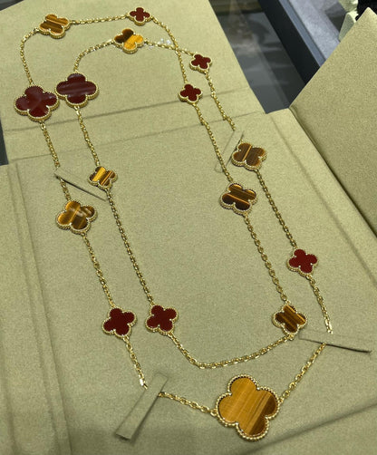 [Lucas Jewelry]CLOVER 16 MOTIF CARNELIAN TIGER EYE ROSE GOLD NECKLACE