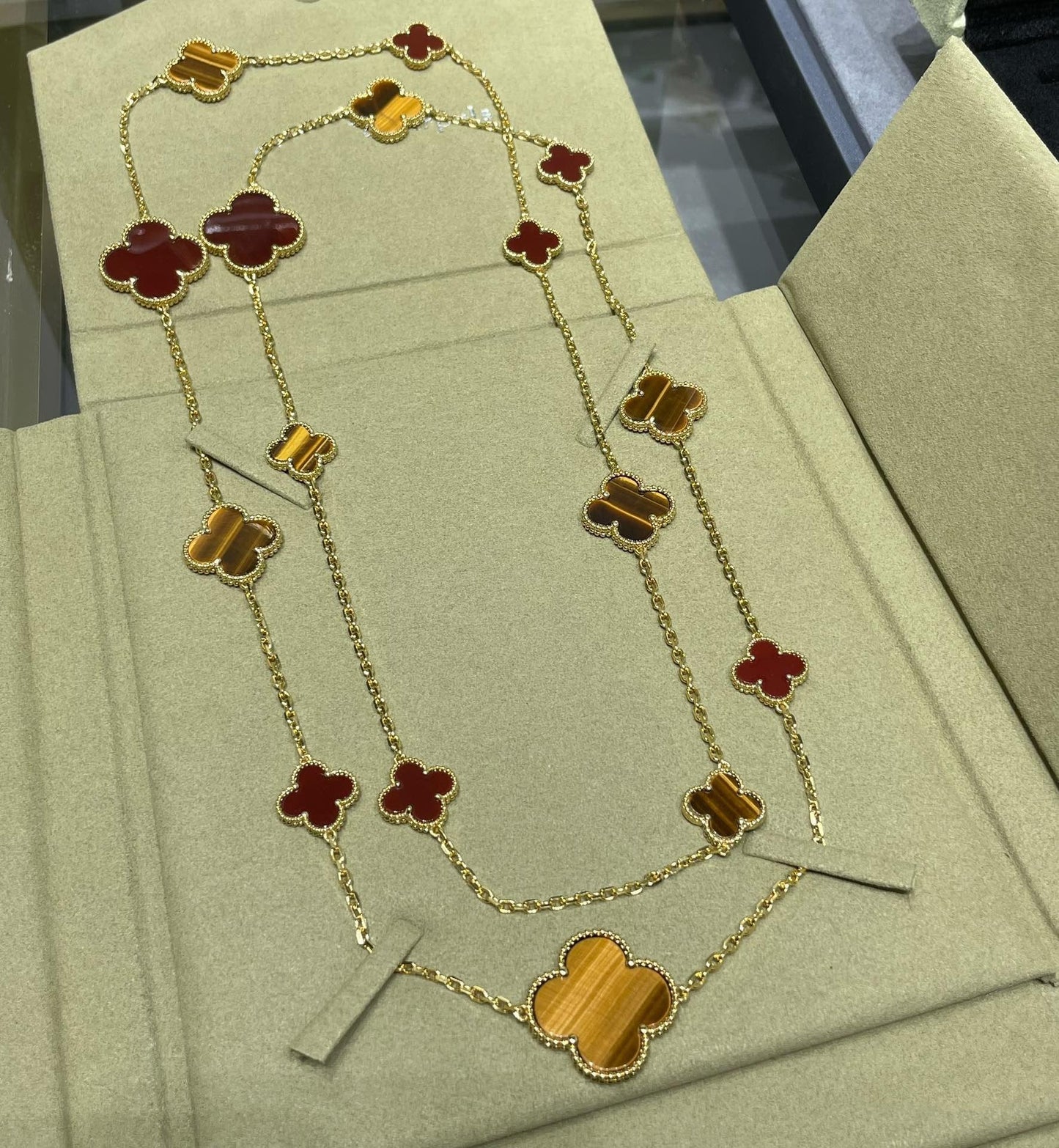 [Lucas Jewelry]CLOVER 16 MOTIF CARNELIAN TIGER EYE ROSE GOLD NECKLACE