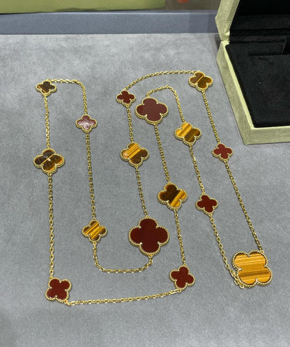 [Lucas Jewelry]CLOVER 16 MOTIF CARNELIAN TIGER EYE ROSE GOLD NECKLACE