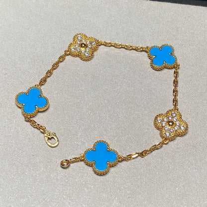 [Lucas Jewelry]CLOVER 5 MOTIF BLUE CHALCEDONY DIAMOND GOLD BRACELET