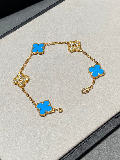 [Lucas Jewelry]CLOVER 5 MOTIF BLUE CHALCEDONY DIAMOND GOLD BRACELET