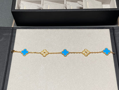 [Lucas Jewelry]CLOVER 5 MOTIF BLUE CHALCEDONY DIAMOND GOLD BRACELET