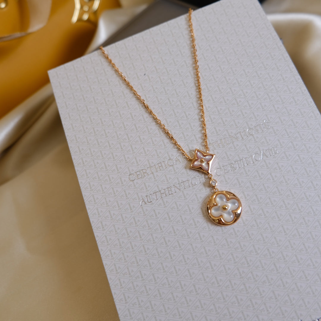 [Lucas Jewelry]STAR AND SUN WHITE MOP 2 MOTIF PINK GOLD NECKLACE