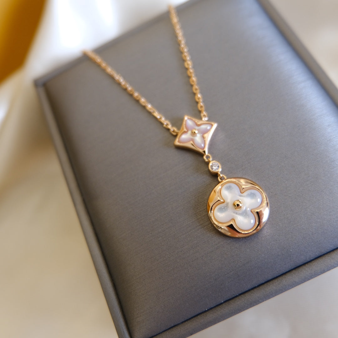 [Lucas Jewelry]STAR AND SUN WHITE MOP 2 MOTIF PINK GOLD NECKLACE