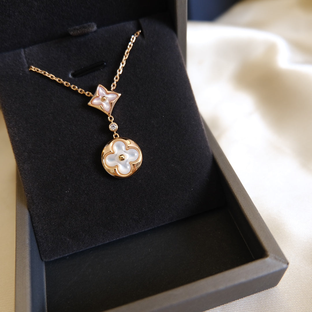 [Lucas Jewelry]STAR AND SUN WHITE MOP 2 MOTIF PINK GOLD NECKLACE