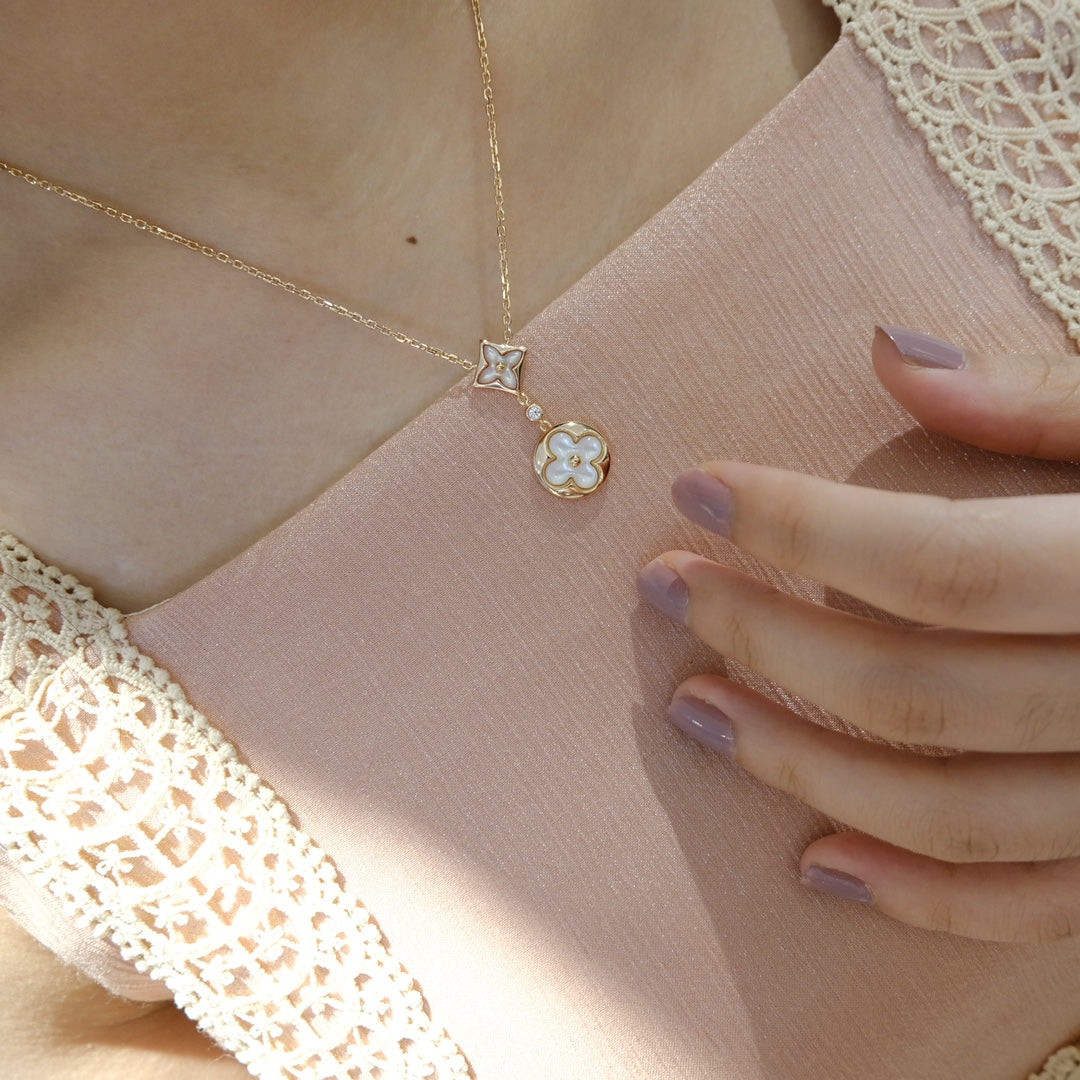 [Lucas Jewelry]STAR AND SUN WHITE MOP 2 MOTIF PINK GOLD NECKLACE