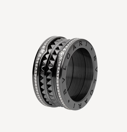 [Lucas Jewelry]ZERO 1 ROCK FOUR-BAND BLACK CERAMIC WITH STUDDED SPIRAL AND PAVED DIAMONDS RING