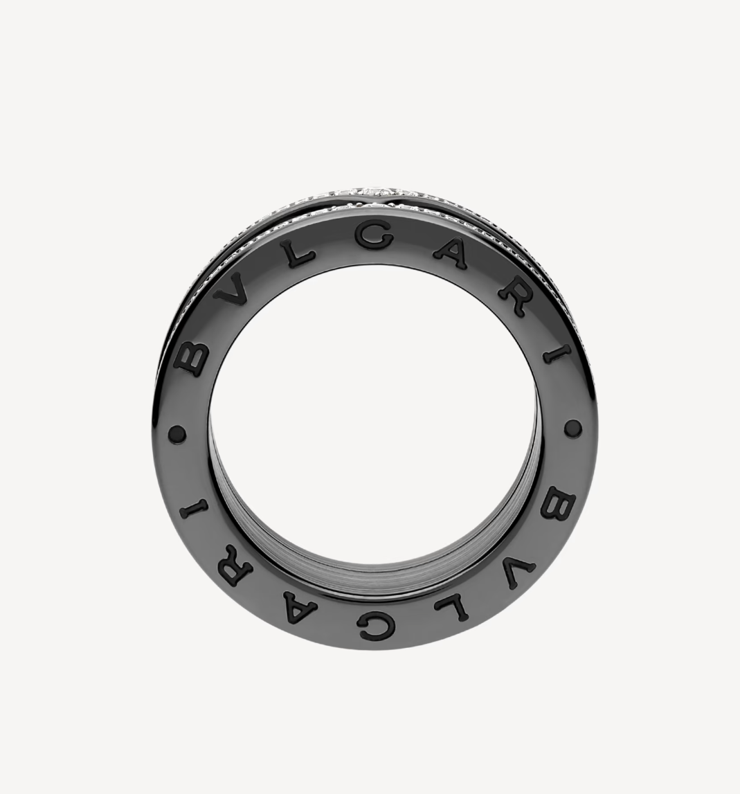 [Lucas Jewelry]ZERO 1 ROCK FOUR-BAND BLACK CERAMIC WITH STUDDED SPIRAL AND PAVED DIAMONDS RING