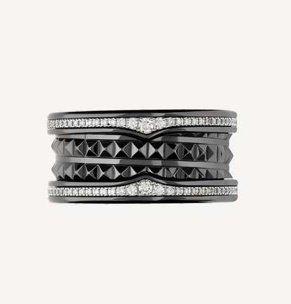 [Lucas Jewelry]ZERO 1 ROCK FOUR-BAND BLACK CERAMIC WITH STUDDED SPIRAL AND PAVED DIAMONDS RING