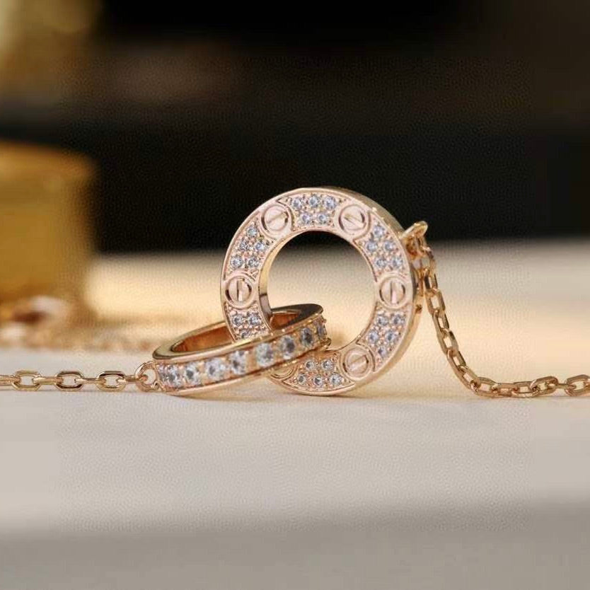 [Lucas Jewelry]LOVE 7.6MM NECKLACE ROSE GOLD AND SILVER  FULL DIAMOND