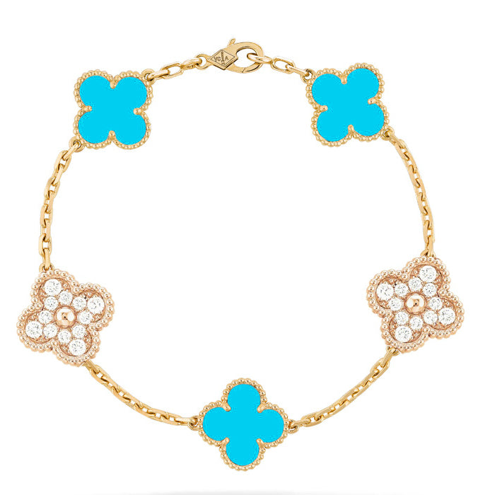 [Lucas Jewelry]CLOVER 5 MOTIF TURQUOISE DIAMOND GOLD BRACELET