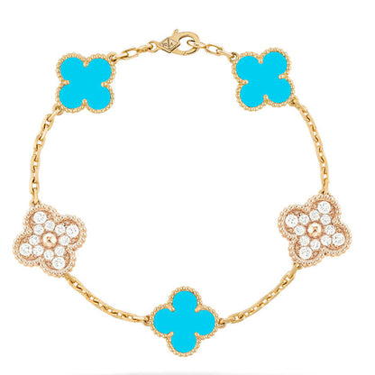 [Lucas Jewelry]CLOVER 5 MOTIF TURQUOISE DIAMOND GOLD BRACELET