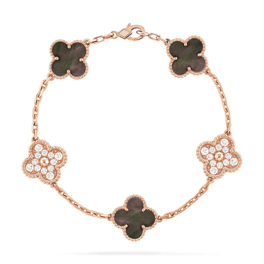 [Lucas Jewelry]CLOVER 5 MOTIFS DARK MOP AND DIAMONDS PINK GOLD BRACELET