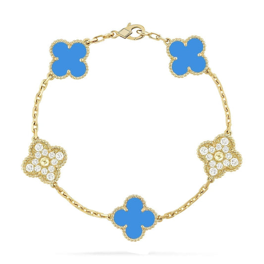 [Lucas Jewelry]CLOVER 5 MOTIF BLUE CHALCEDONY DIAMOND GOLD BRACELET