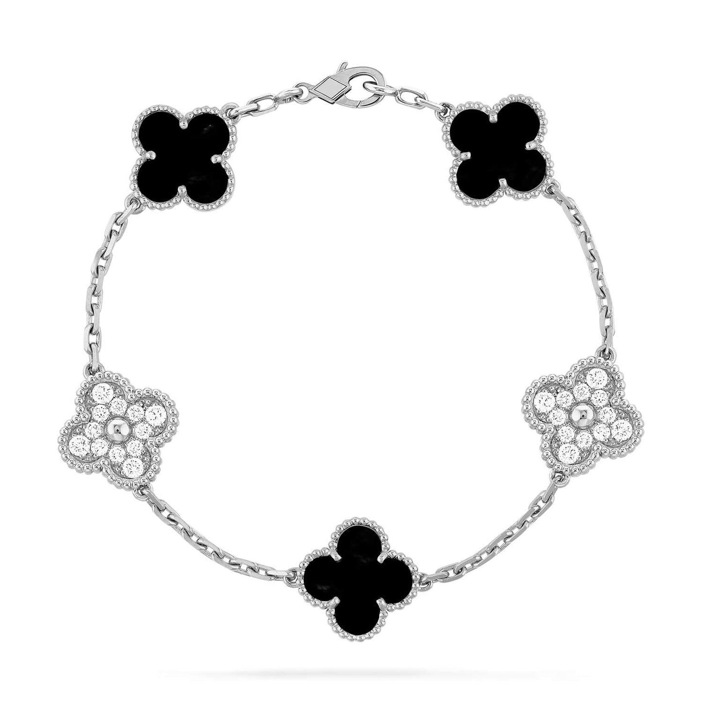 [Lucas Jewelry]CLOVER 5 MOTIF ONYXS DIAMOND BRACELET SILVER