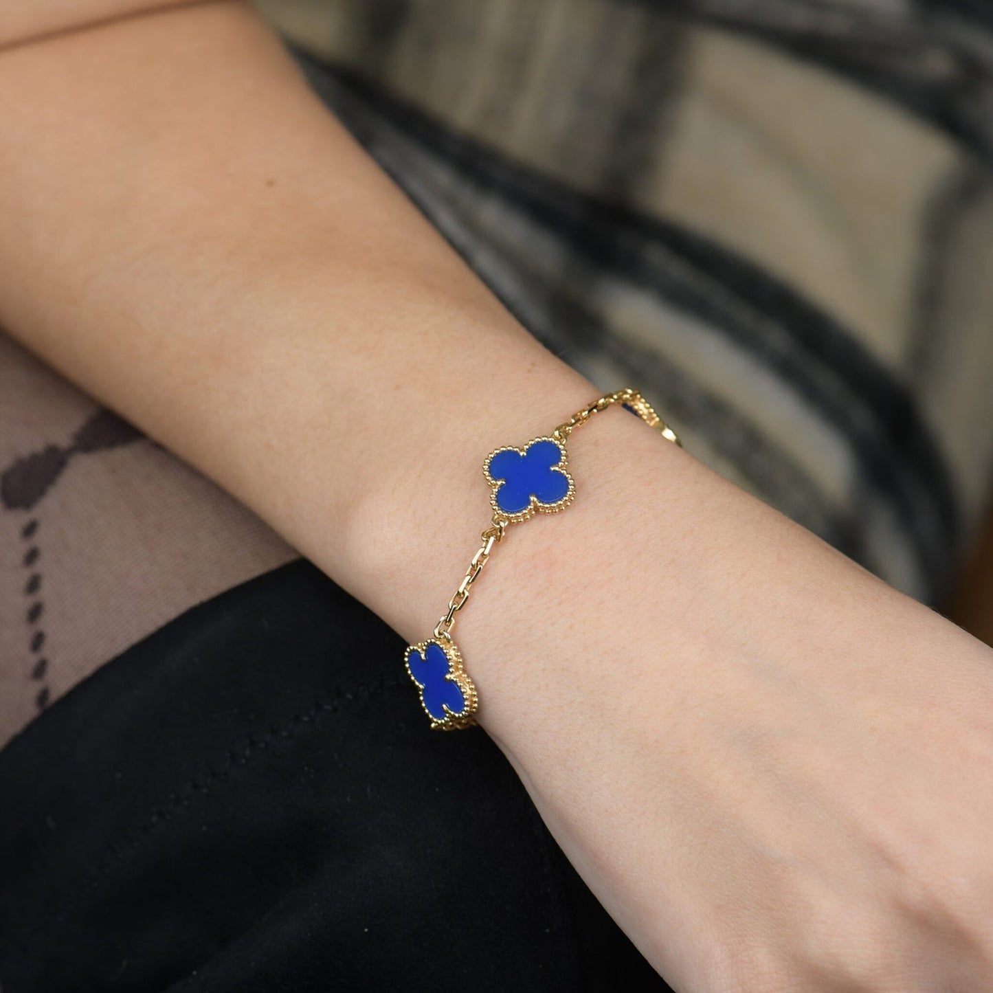 [Lucas Jewelry]CLOVER 5 MOTIFS BLUE AGATE BRACELET