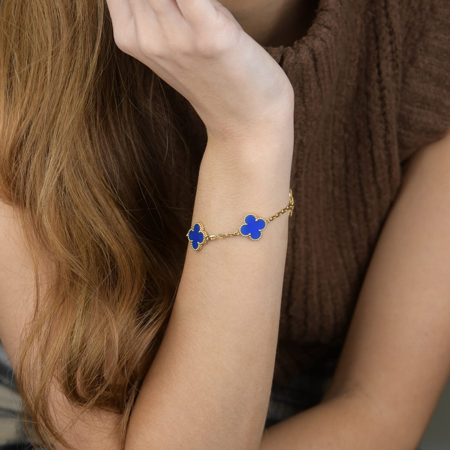 [Lucas Jewelry]CLOVER 5 MOTIFS BLUE AGATE BRACELET