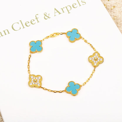 [Lucas Jewelry]CLOVER 5 MOTIF TURQUOISE DIAMOND GOLD BRACELET