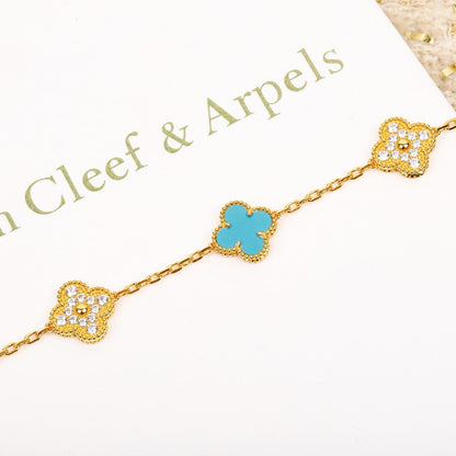 [Lucas Jewelry]CLOVER 5 MOTIF TURQUOISE DIAMOND GOLD BRACELET