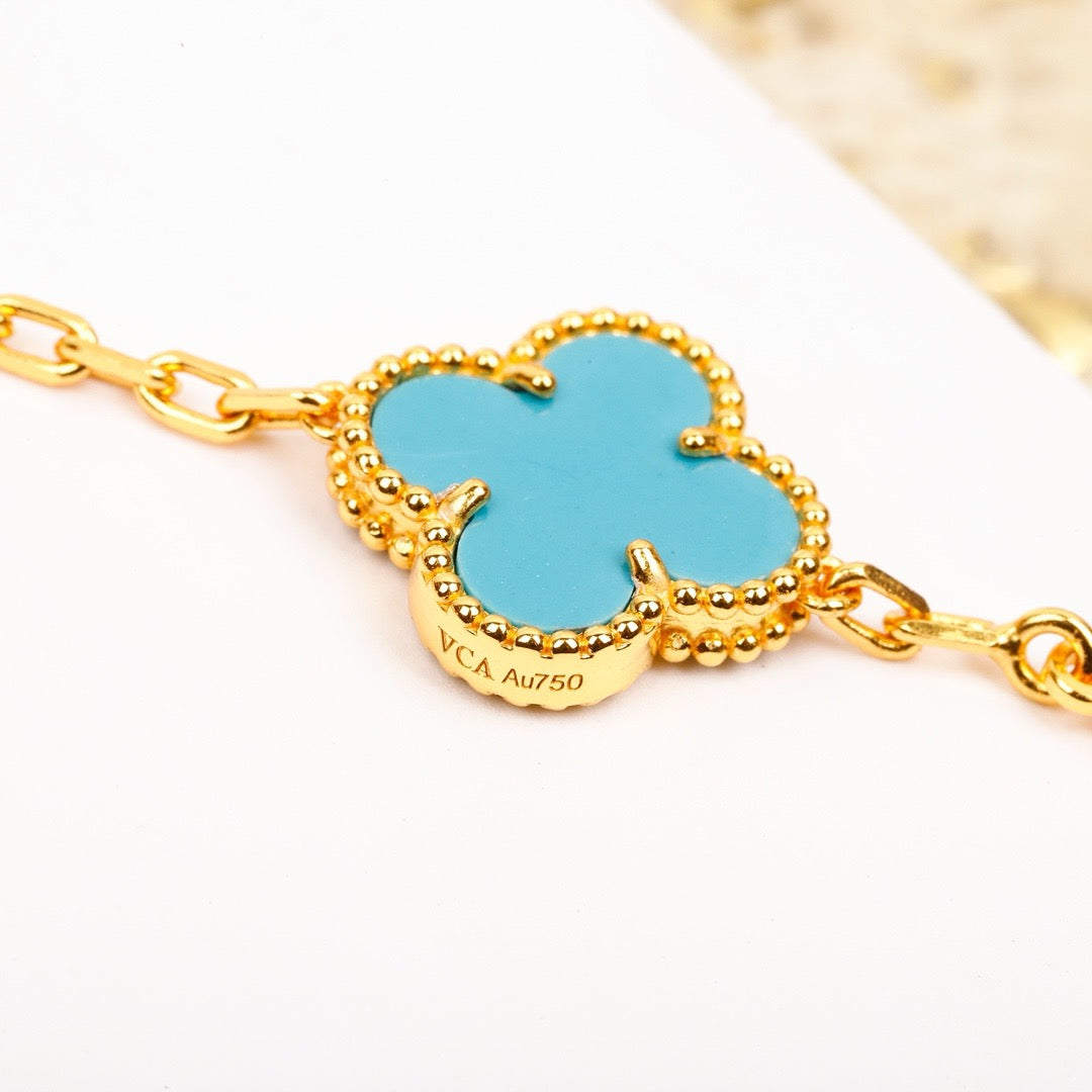 [Lucas Jewelry]CLOVER 5 MOTIF TURQUOISE DIAMOND GOLD BRACELET