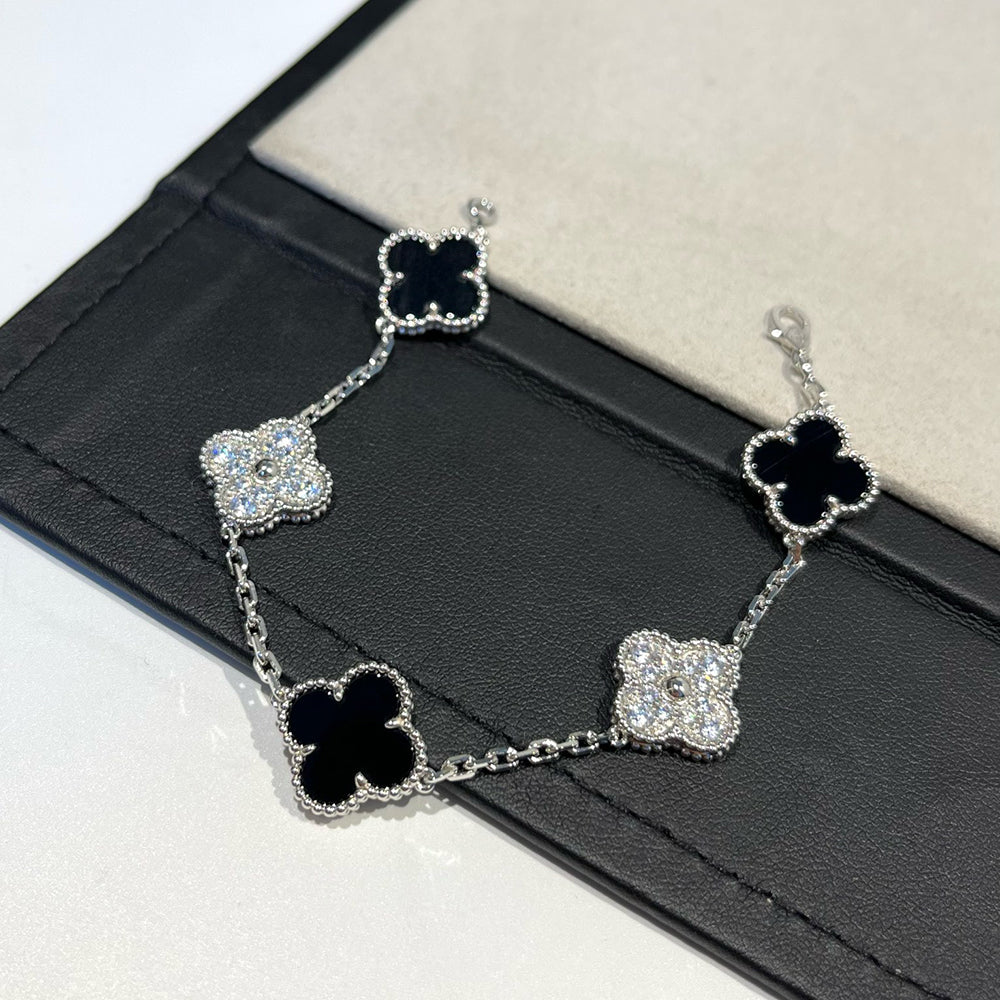 [Lucas Jewelry]CLOVER 5 MOTIF ONYXS DIAMOND BRACELET SILVER