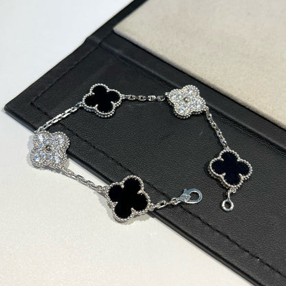 [Lucas Jewelry]CLOVER 5 MOTIF ONYXS DIAMOND BRACELET SILVER