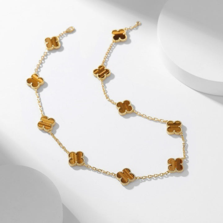 [Lucas Jewelry]CLOVER 10 MOTIFS TIGER EYE NECKLACE