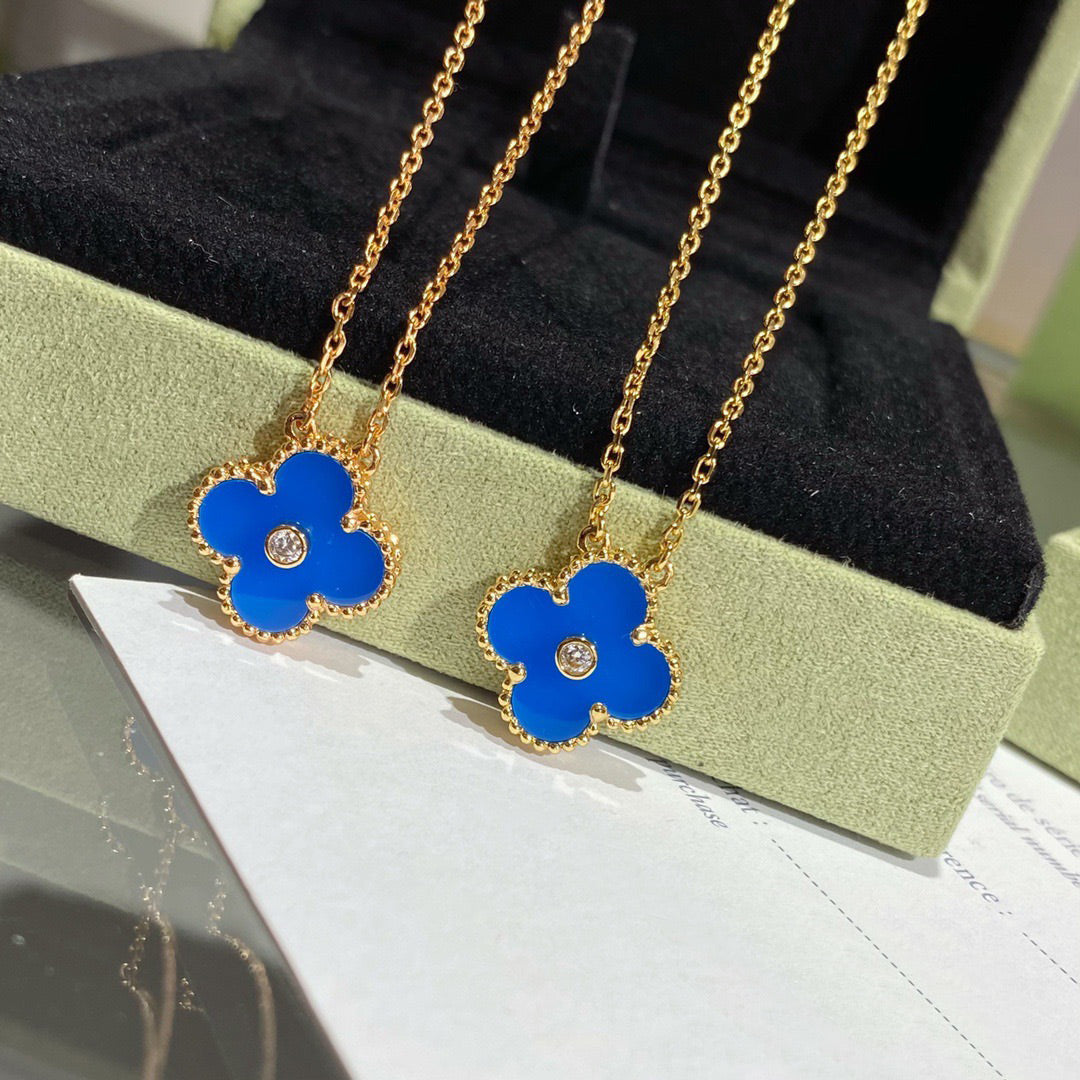 [Lucas Jewelry]CLOVER 15MM DIAMOND AND BLUE AGATE NECKLACE