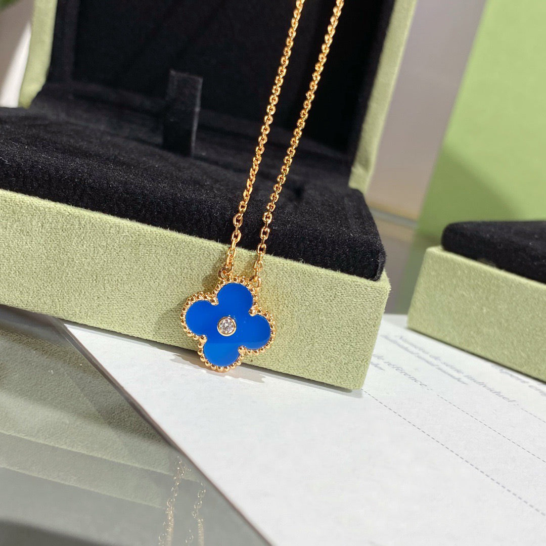 [Lucas Jewelry]CLOVER 15MM DIAMOND AND BLUE AGATE NECKLACE