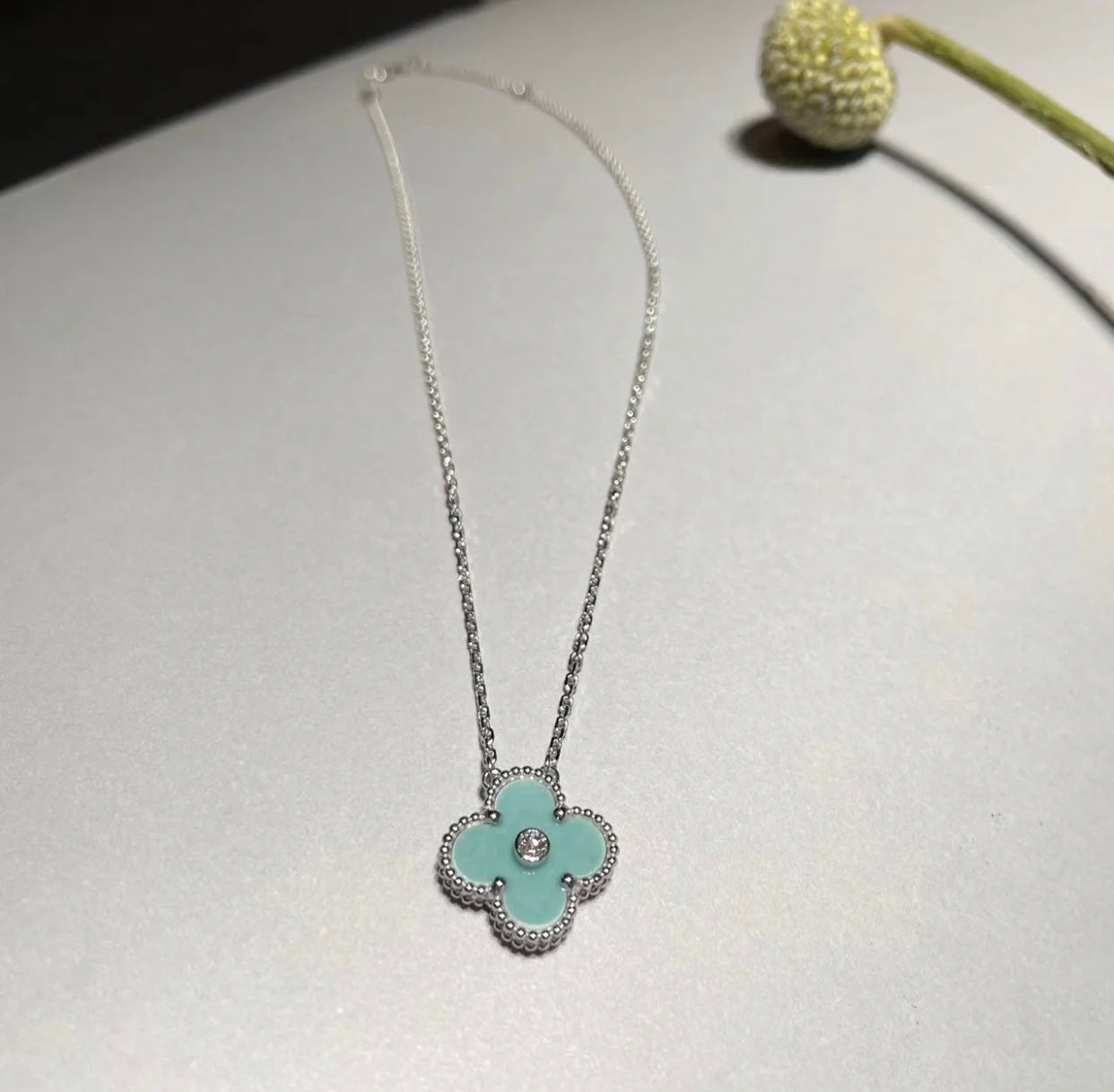 [Lucas Jewelry]CLOVER 1 DIAMOND LIGHT BLUE SILVER NECKLACE