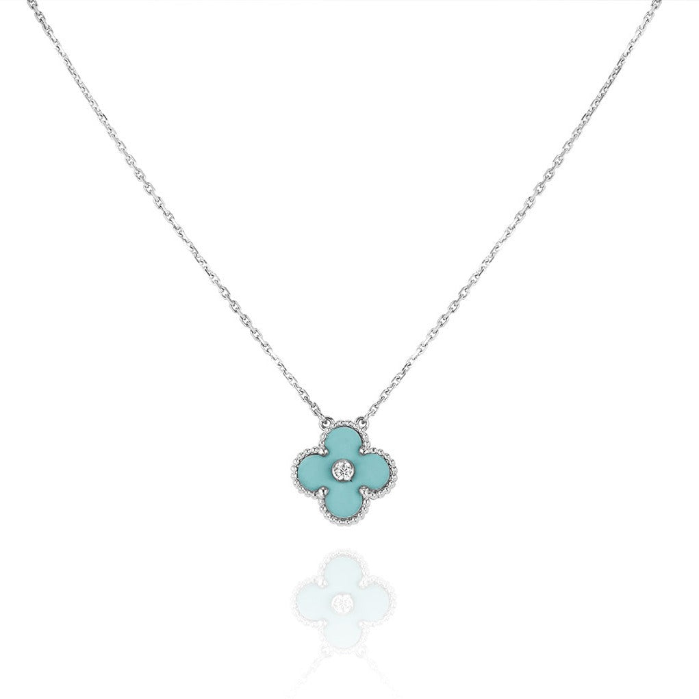 [Lucas Jewelry]CLOVER 1 DIAMOND LIGHT BLUE SILVER NECKLACE