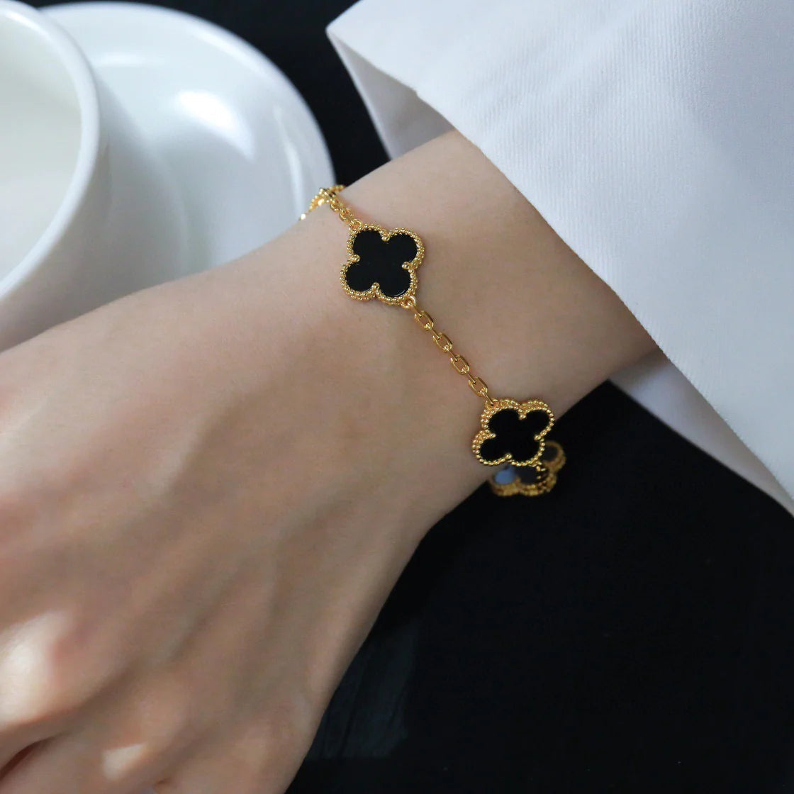 [Lucas Jewelry]CLOVER  5 MOTIFS BLACK ONYX BRACELET