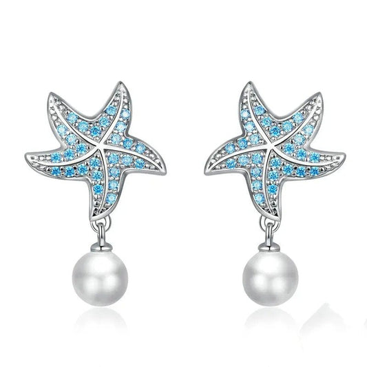 Ocean Blue Zircon Starfish Stud Earrings Shell Pearl Drop Earrings