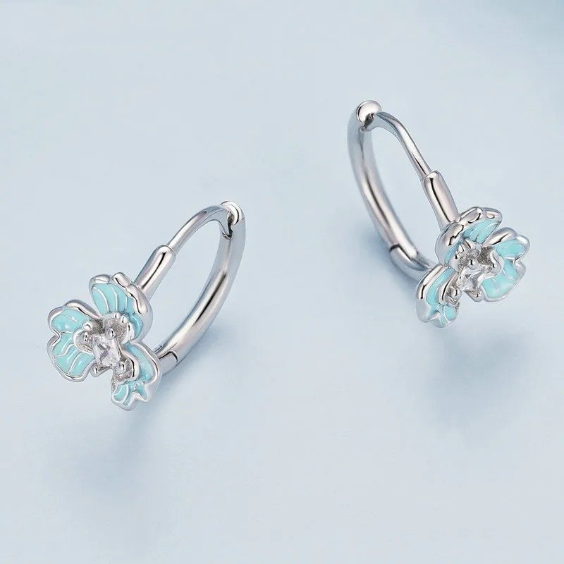 Blue Enamel Iris Ear Buckles Flower Hoop Earrings