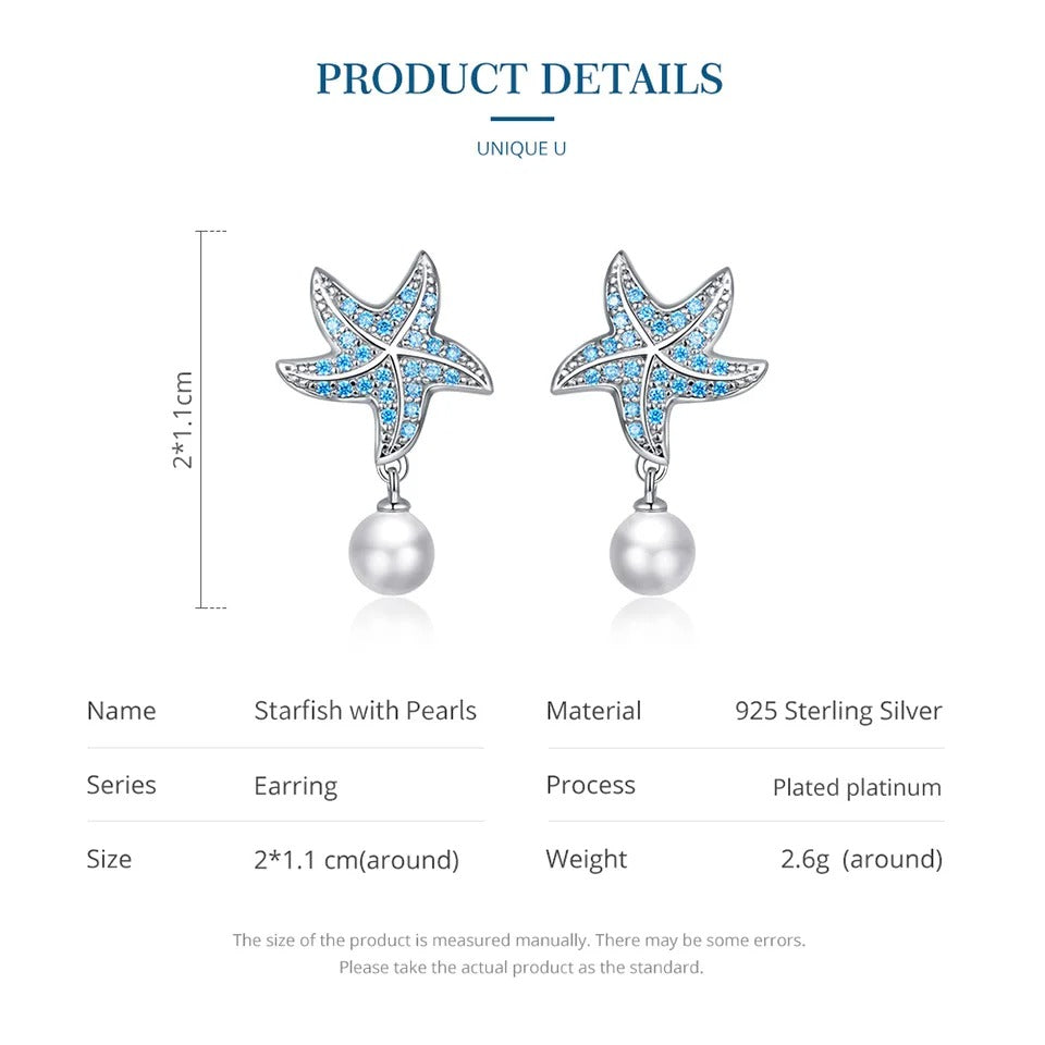 Ocean Blue Zircon Starfish Stud Earrings Shell Pearl Drop Earrings