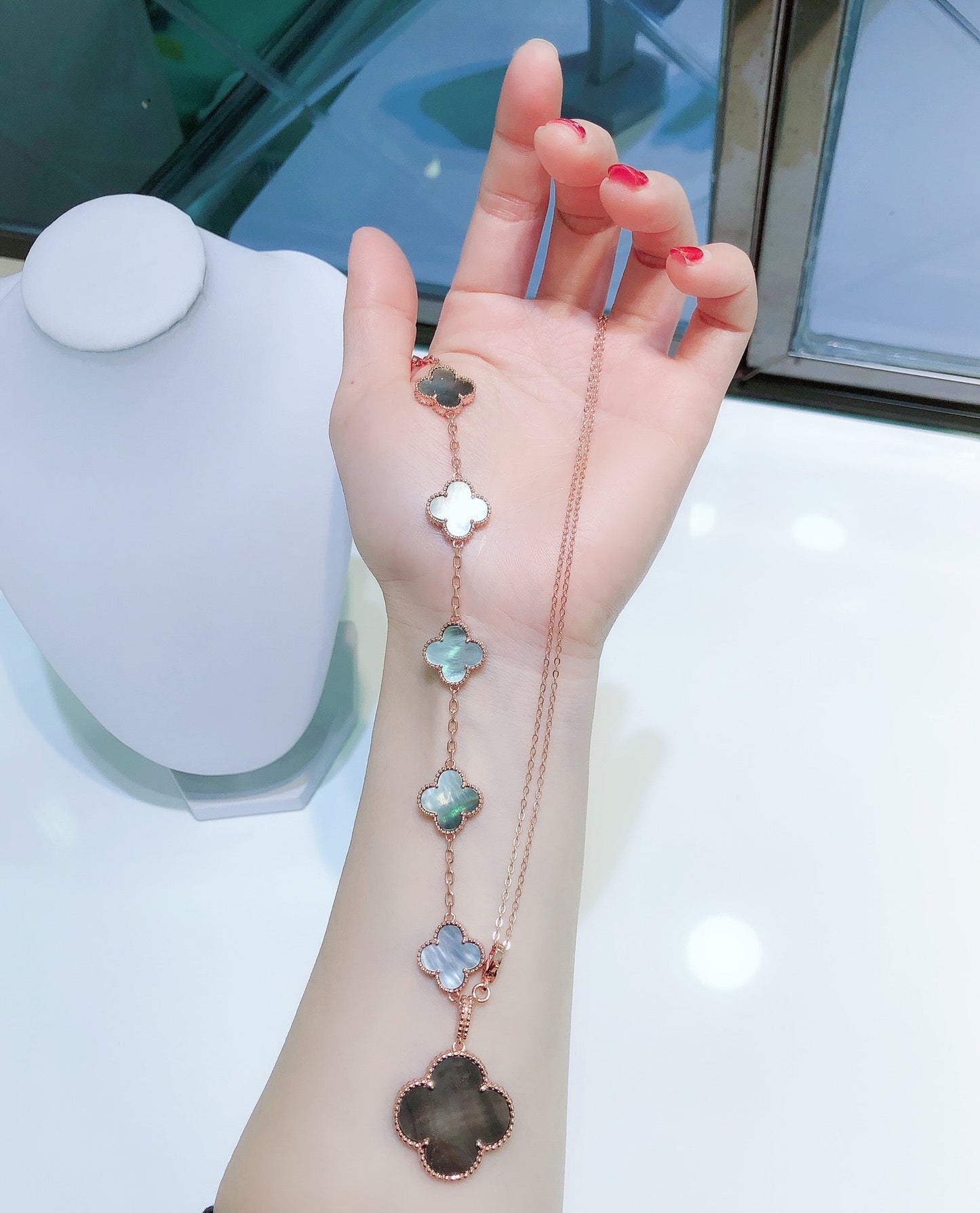 [Lucas Jewelry]COMBINED BRACELET 5 MOTIFS AND NECKLACE DARK MOP ROSE GOLD