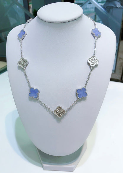 [Lucas Jewelry]CLOVER 10 MOTIFS CHALCEDONY DIAMONDS SILVER NECKLACE