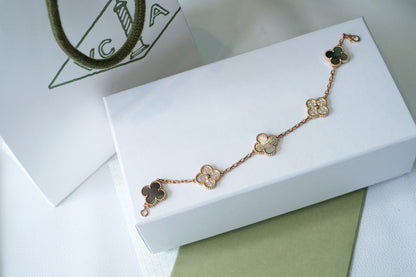 [Lucas Jewelry]CLOVER 5 MOTIFS DARK MOP AND DIAMONDS PINK GOLD BRACELET