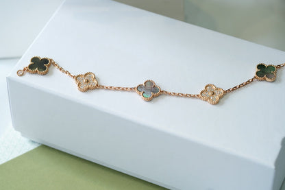 [Lucas Jewelry]CLOVER 5 MOTIFS DARK MOP AND DIAMONDS PINK GOLD BRACELET