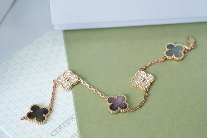 [Lucas Jewelry]CLOVER 5 MOTIFS DARK MOP AND DIAMONDS PINK GOLD BRACELET