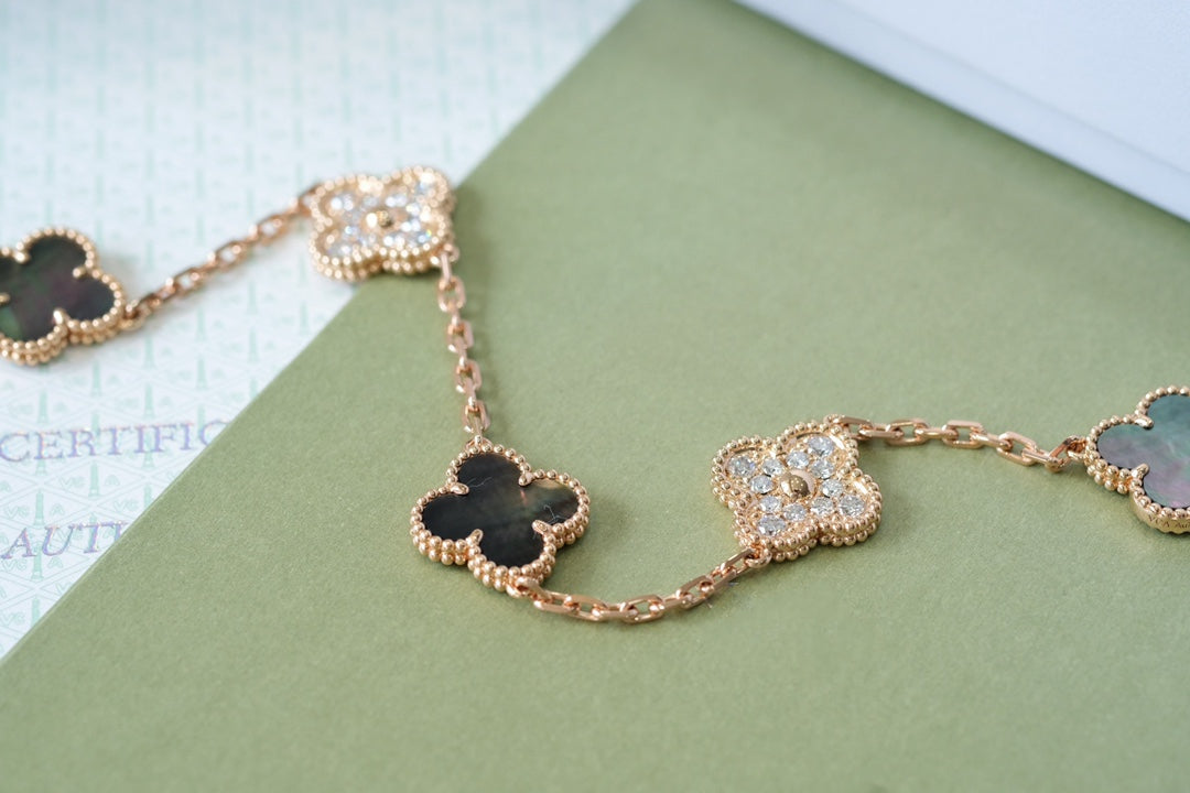 [Lucas Jewelry]CLOVER 5 MOTIFS DARK MOP AND DIAMONDS PINK GOLD BRACELET